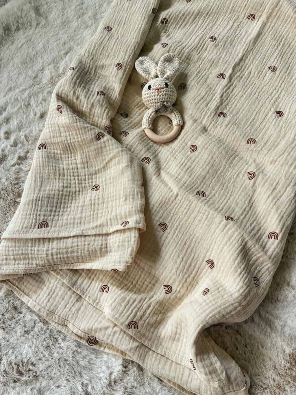 Muselin Babydecke - 100% Baumwolle, Regenbogen beige