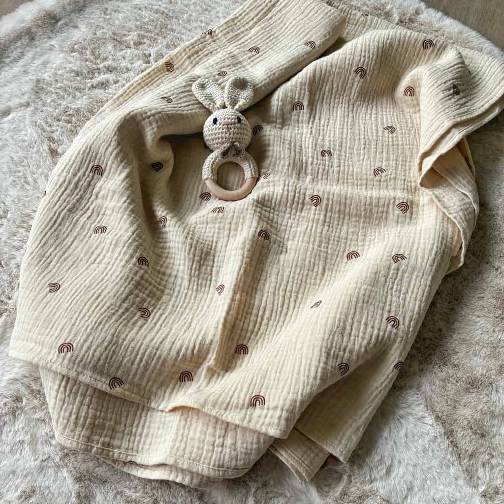 Muselin Babydecke - 100% Baumwolle, Regenbogen beige